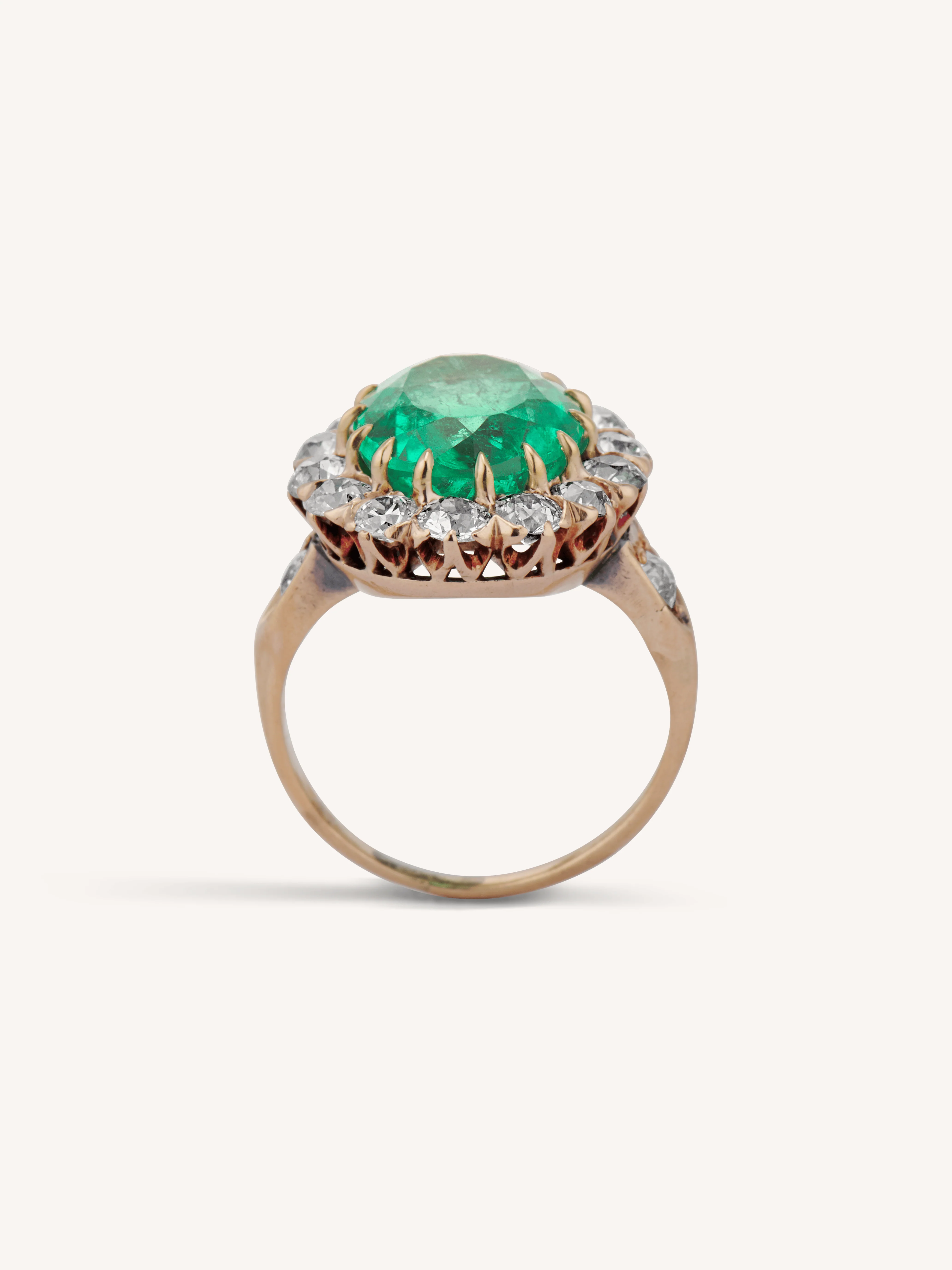 Victorian 4.49 Carat Oval Cut Colombian Emerald & Diamond Cluster Ring - Image 6