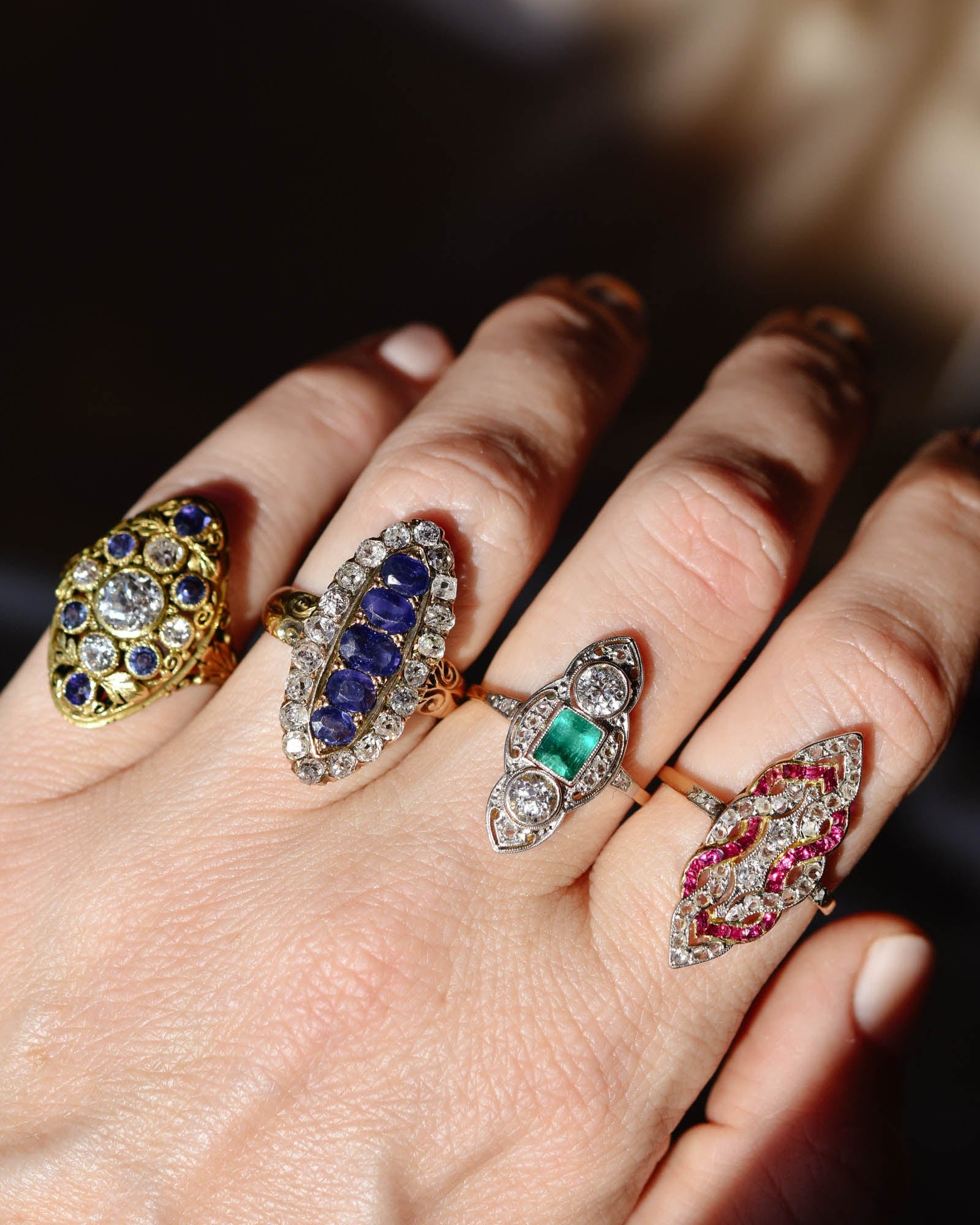 Victorian Oval Cut Sapphire & Old Mine Cut Diamond Dinner Ring - Image 2