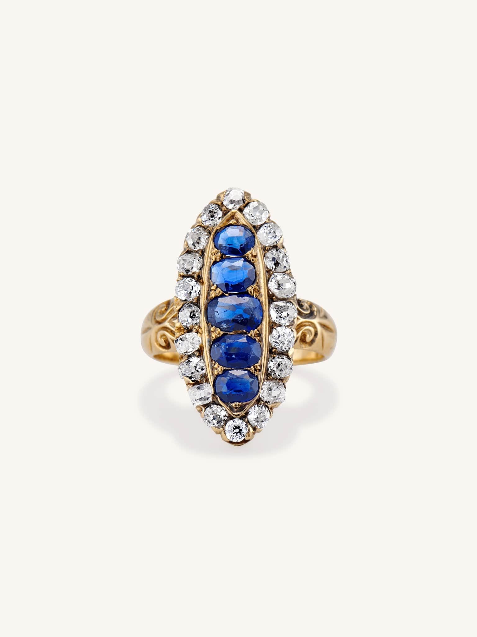 Victorian Oval Cut Sapphire & Old Mine Cut Diamond Dinner Ring - Image 3