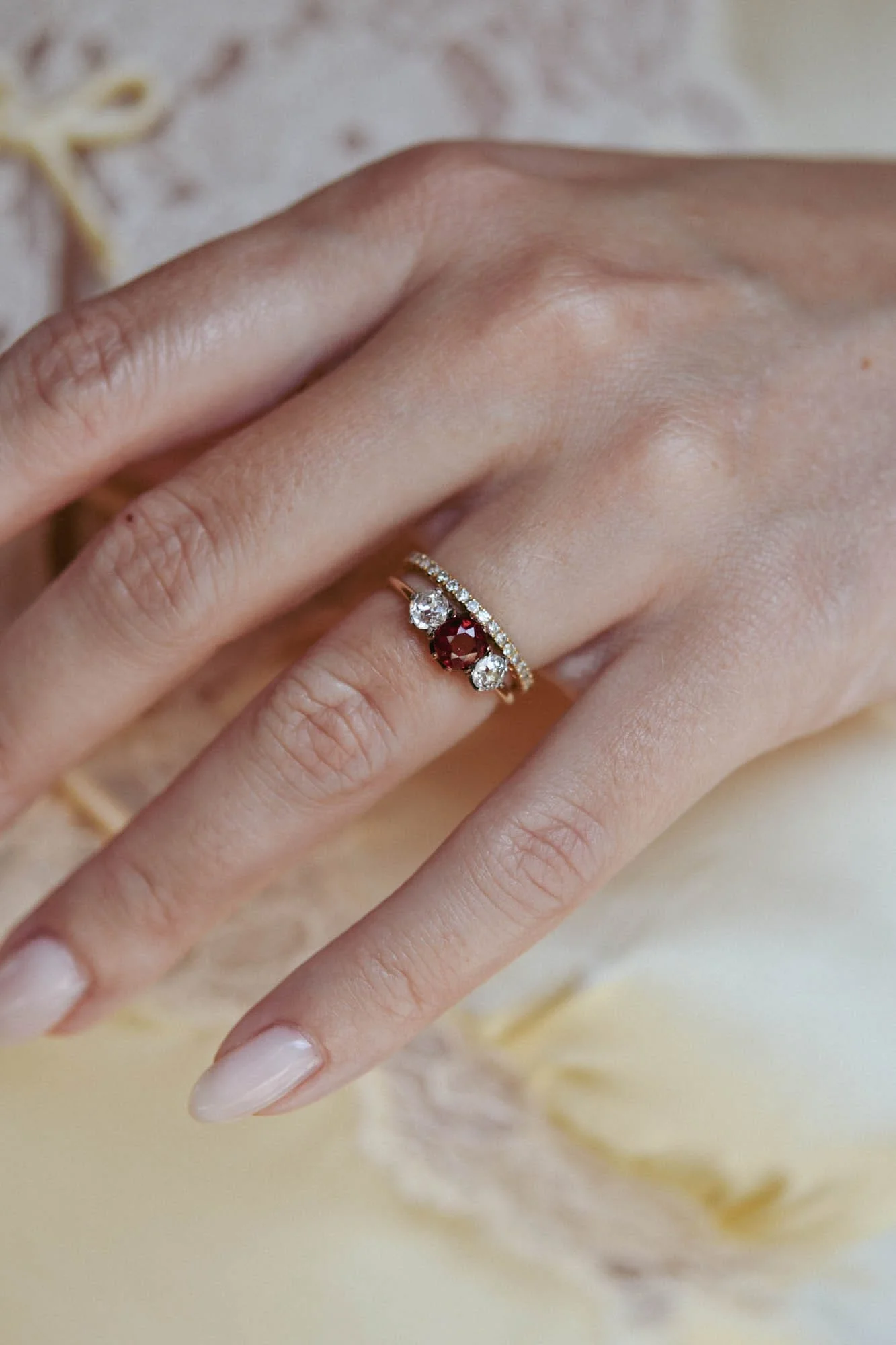 Victorian Red Spinel & Diamond Three Stone Antique Engagement Ring - Image 6