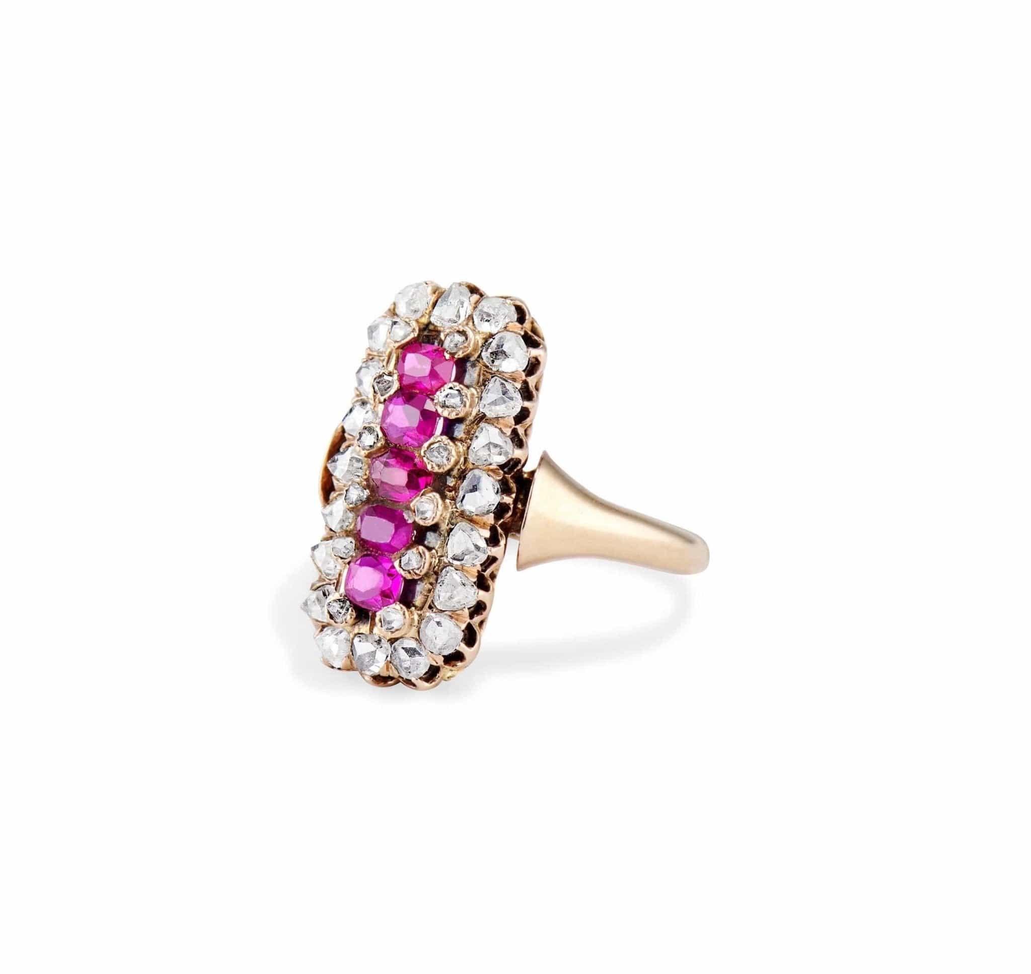 Victorian French Clustered Ruby and Diamond Elongated Ring - Image 2