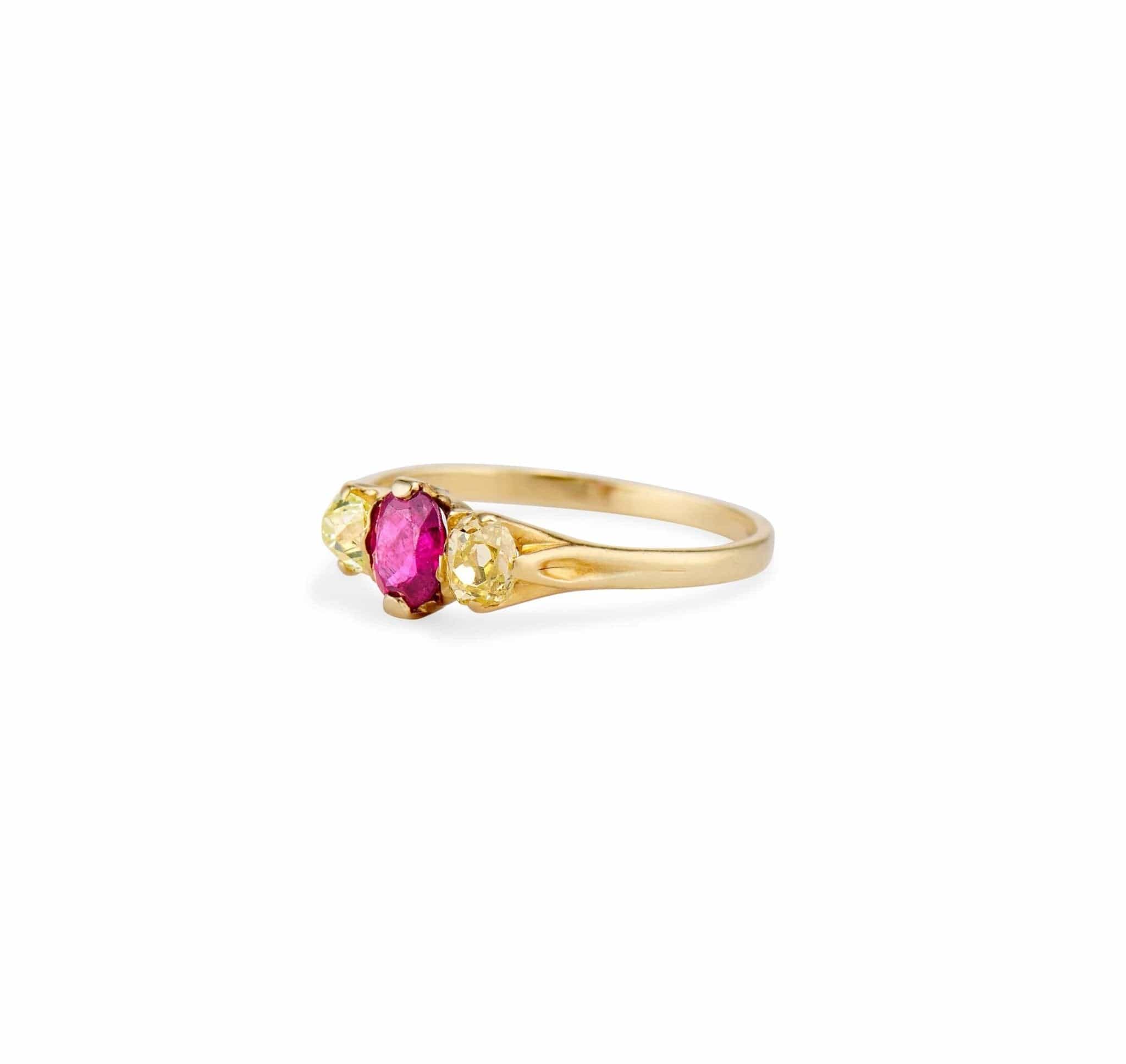 Victorian Ruby and Yellow Diamond Three-Stone Engagement Ring - Image 2