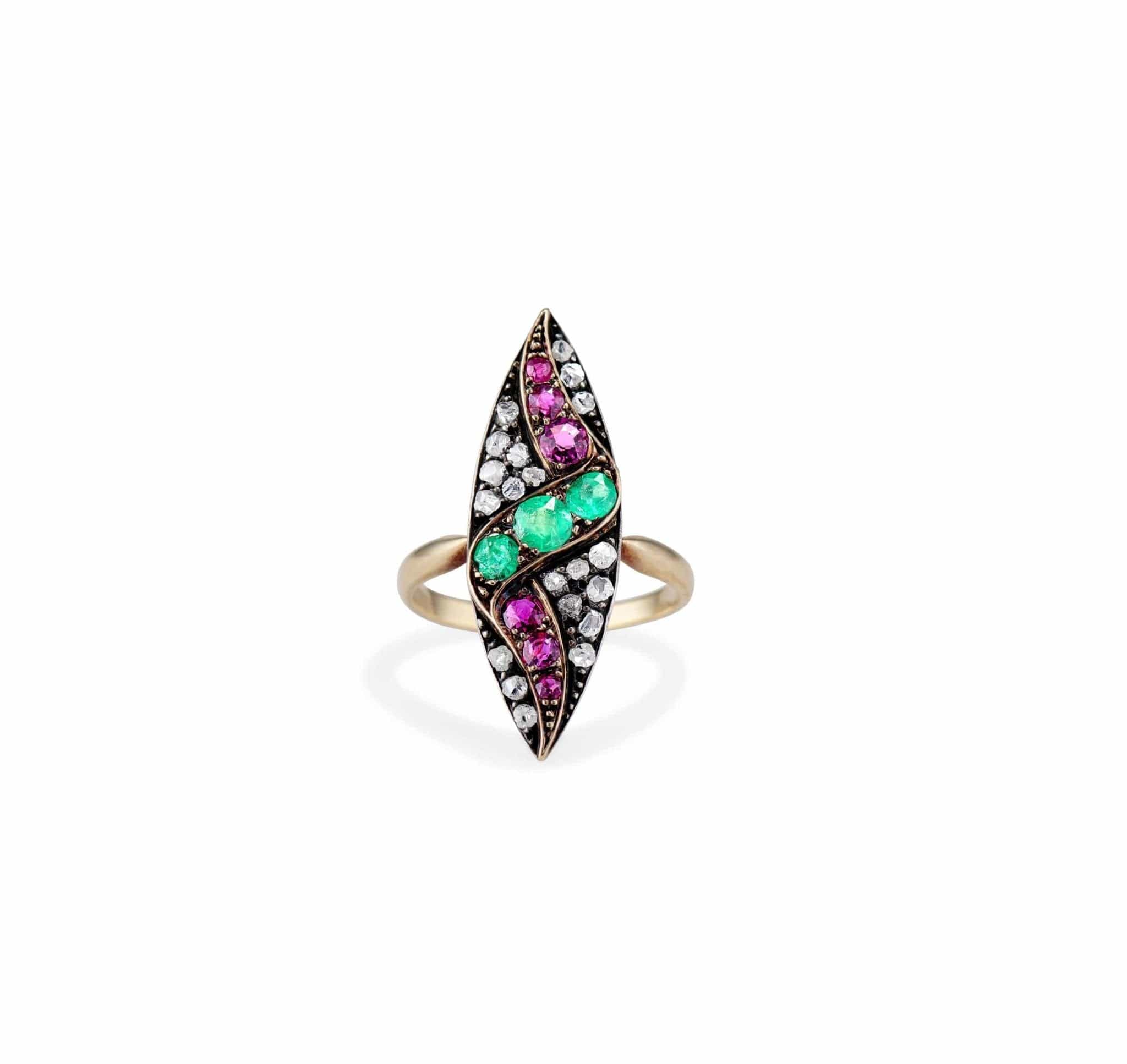 Victorian Ruby Emerald and Diamond Navette Ring - Image 2