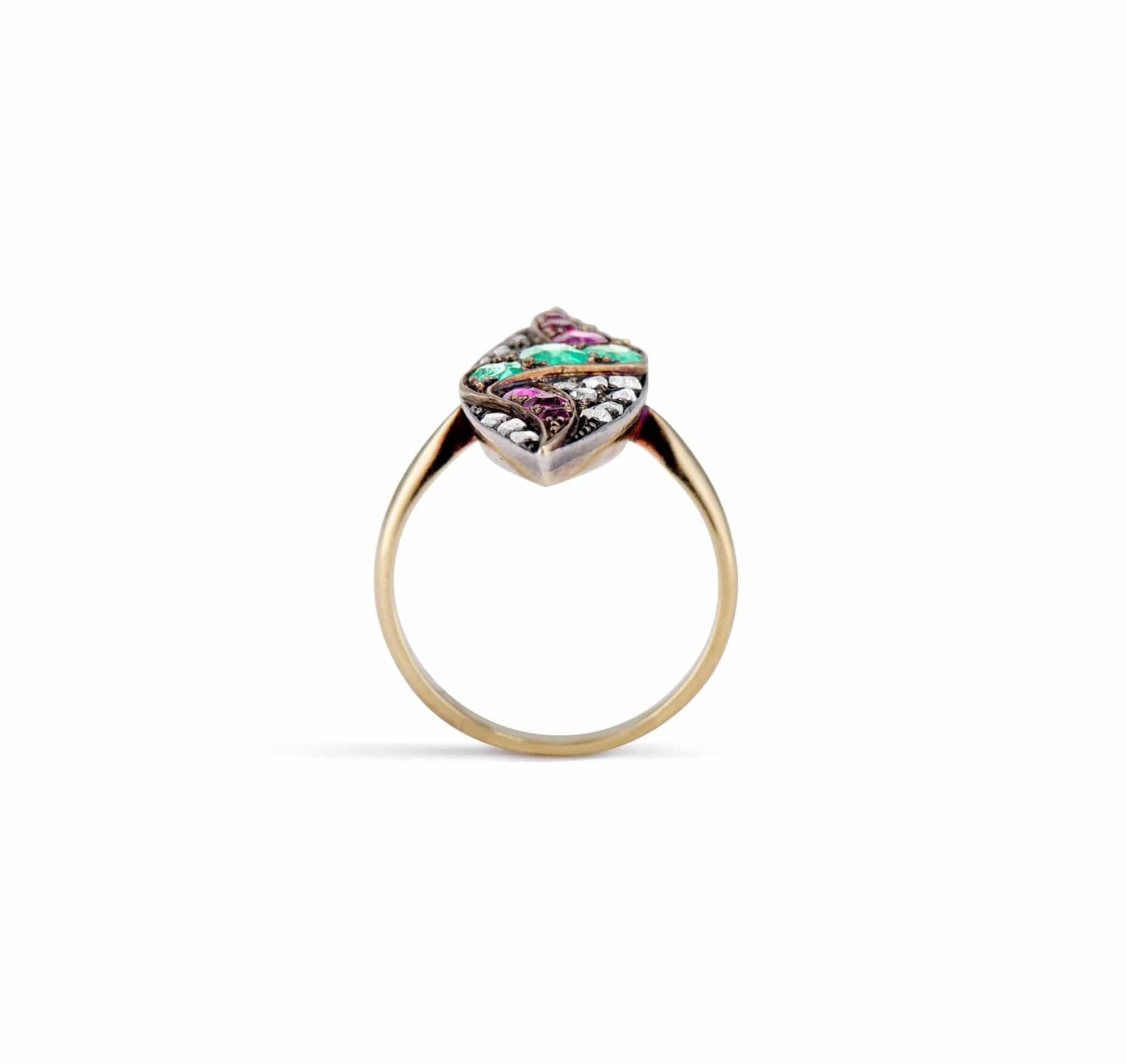 Victorian Ruby Emerald and Diamond Navette Ring - Image 3