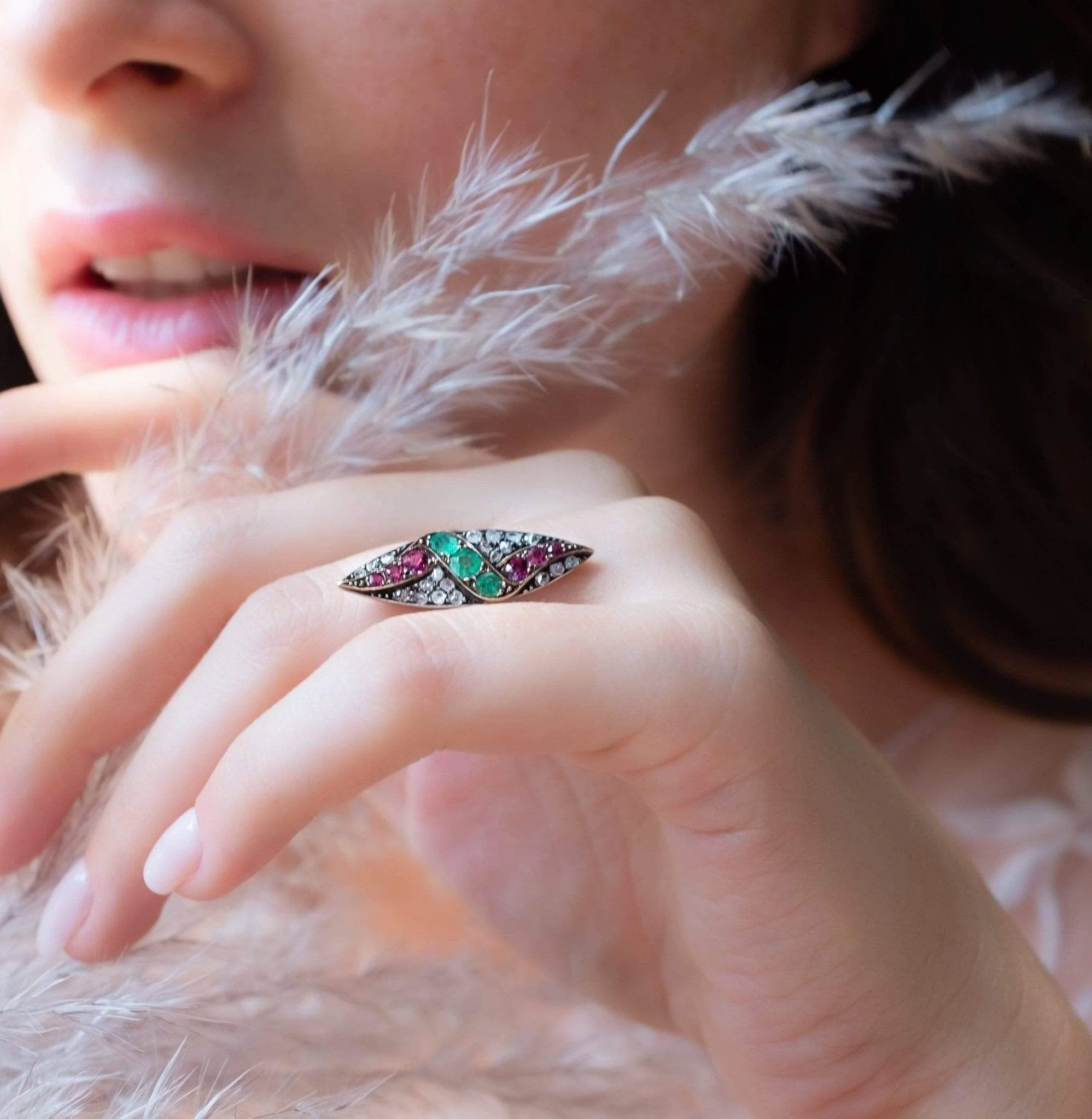 Victorian Ruby Emerald and Diamond Navette Ring - Image 5