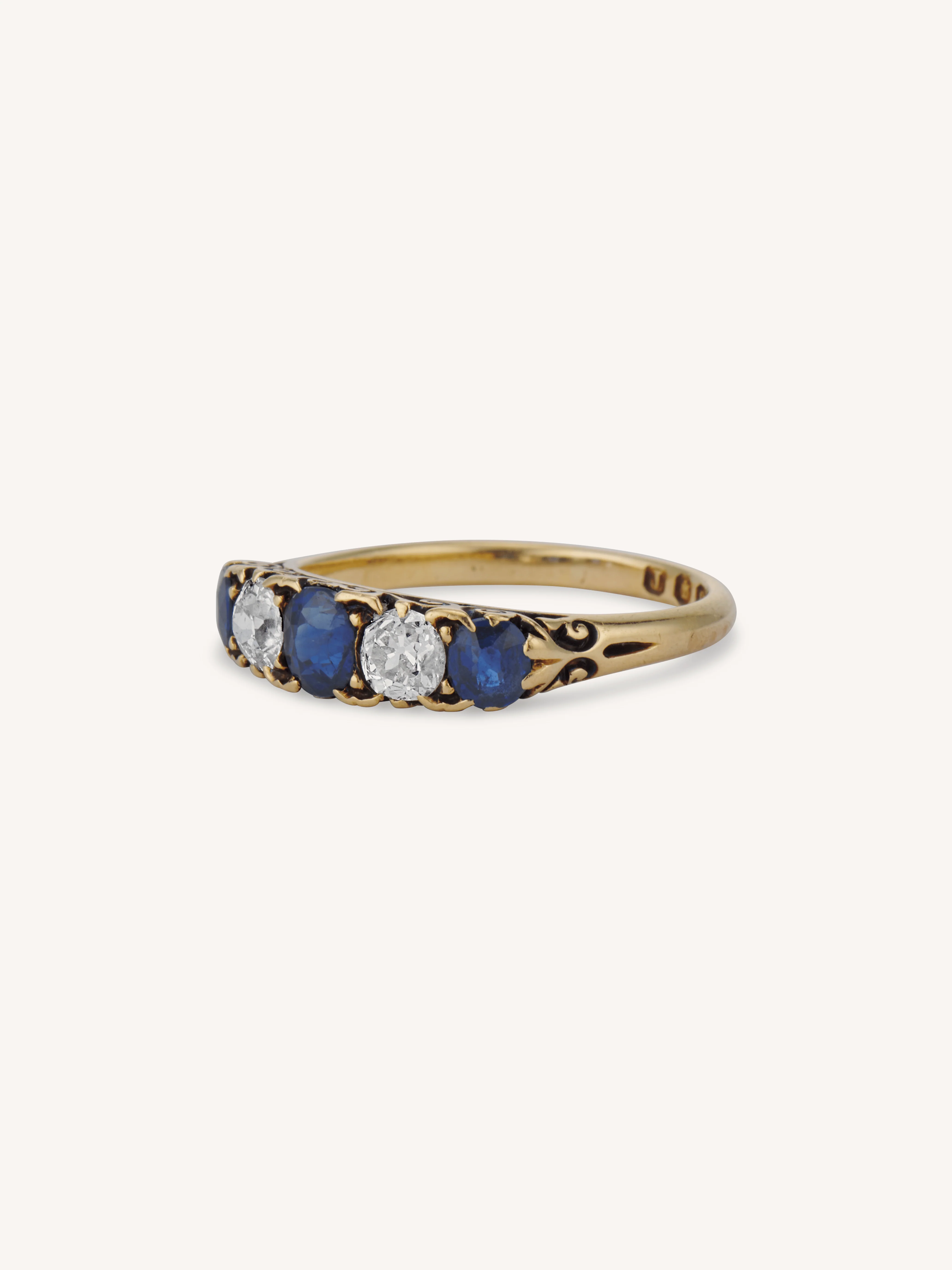 Victorian Sapphire & Diamond Five Stone Carved Half Hoop Antique Ring, England - Image 4