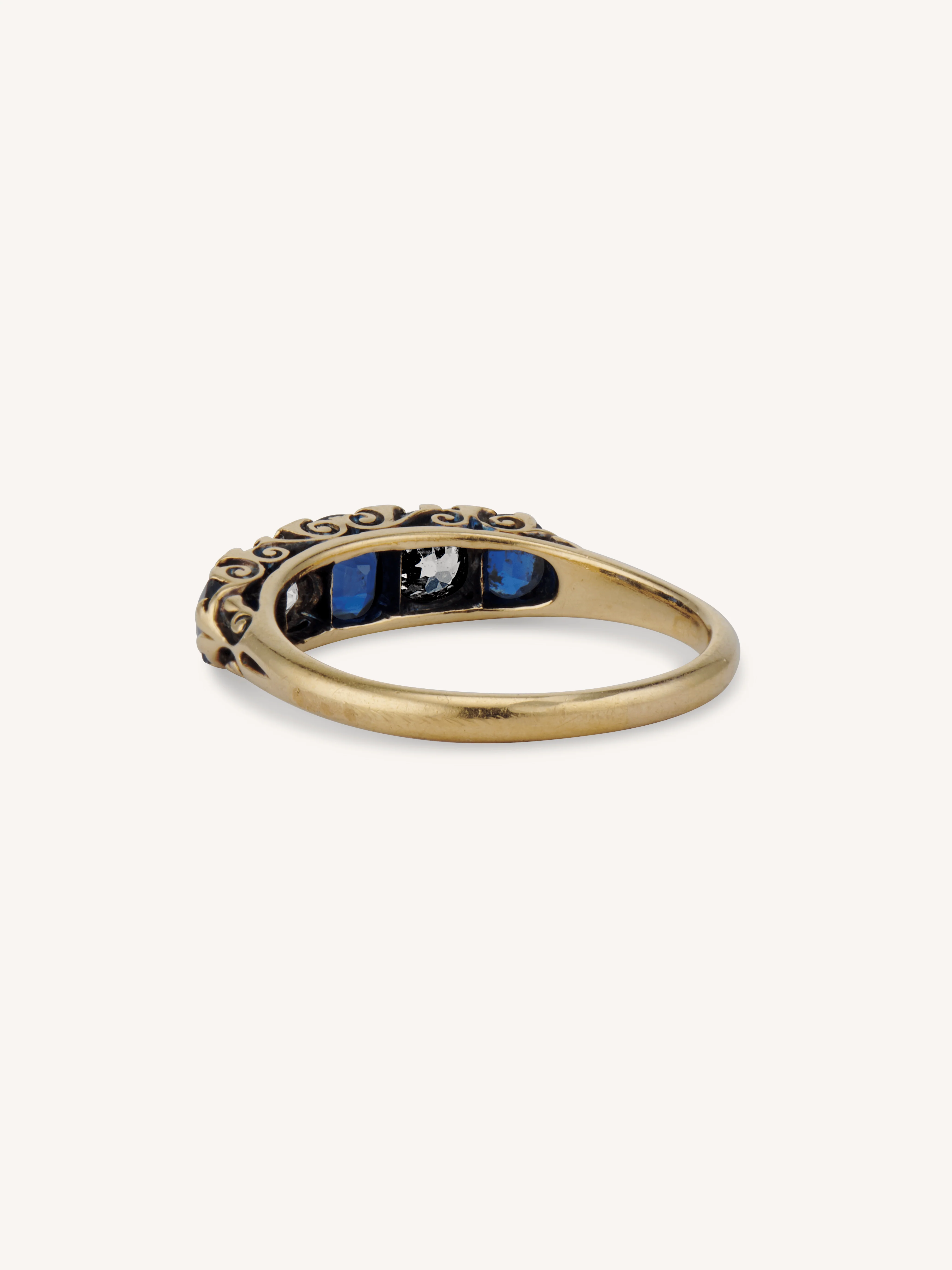 Victorian Sapphire & Diamond Five Stone Carved Half Hoop Antique Ring, England - Image 5