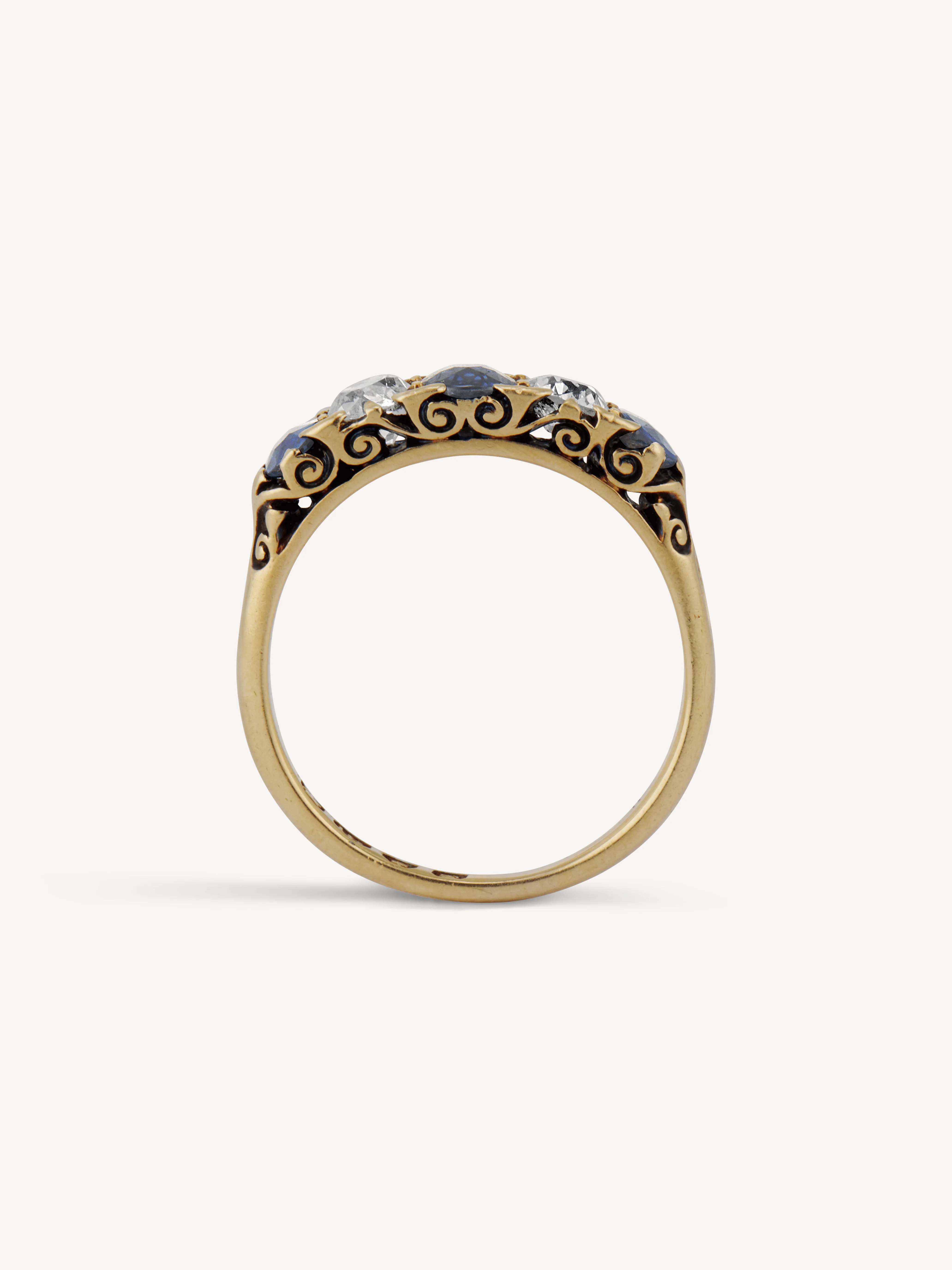 Victorian Sapphire & Diamond Five Stone Carved Half Hoop Antique Ring, England - Image 7