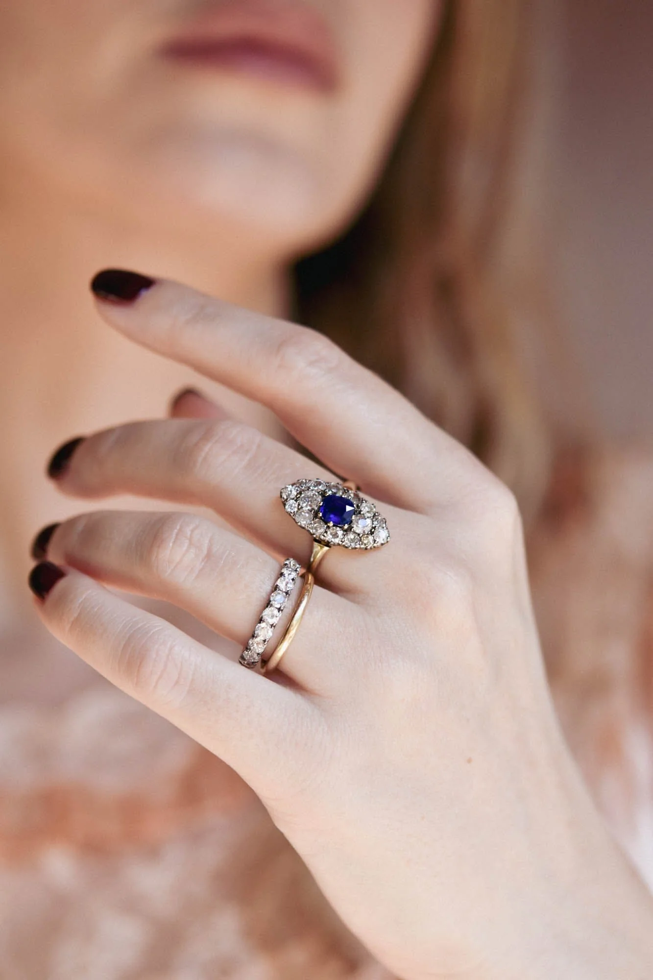 19th Century Victorian Sapphire & Old Mine Cut Diamond Navette Antique Ring - Image 3