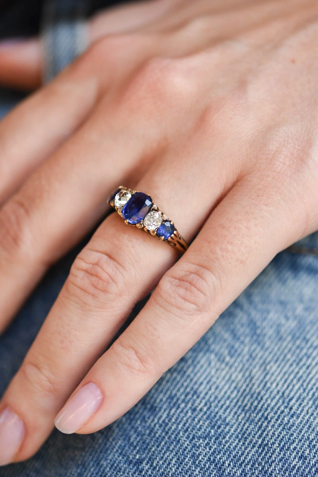 Victorian Sapphire & Old Mine Diamond Five Stone Gold Ring - Image 3
