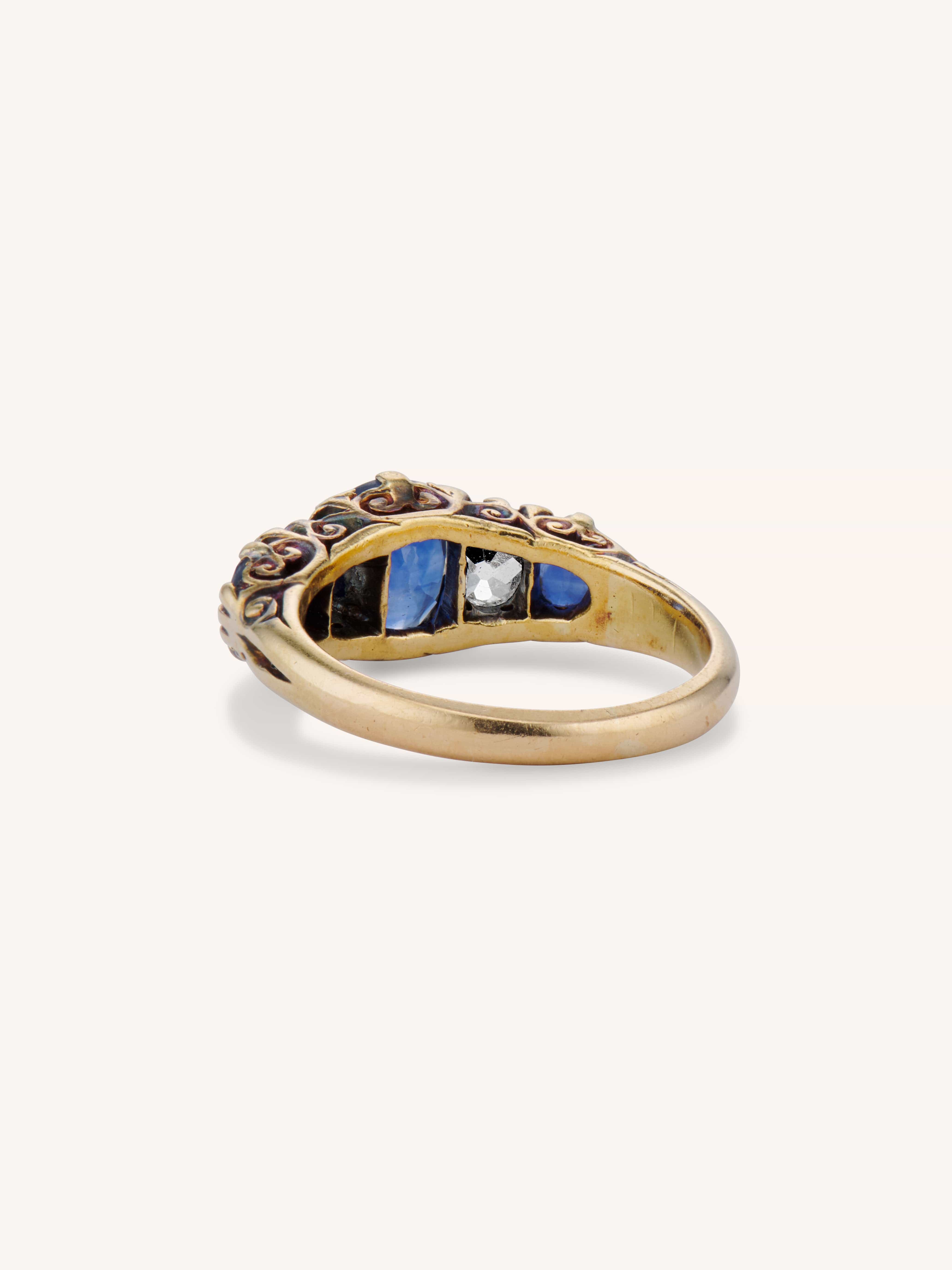 Victorian Sapphire & Old Mine Diamond Five Stone Gold Ring - Image 5