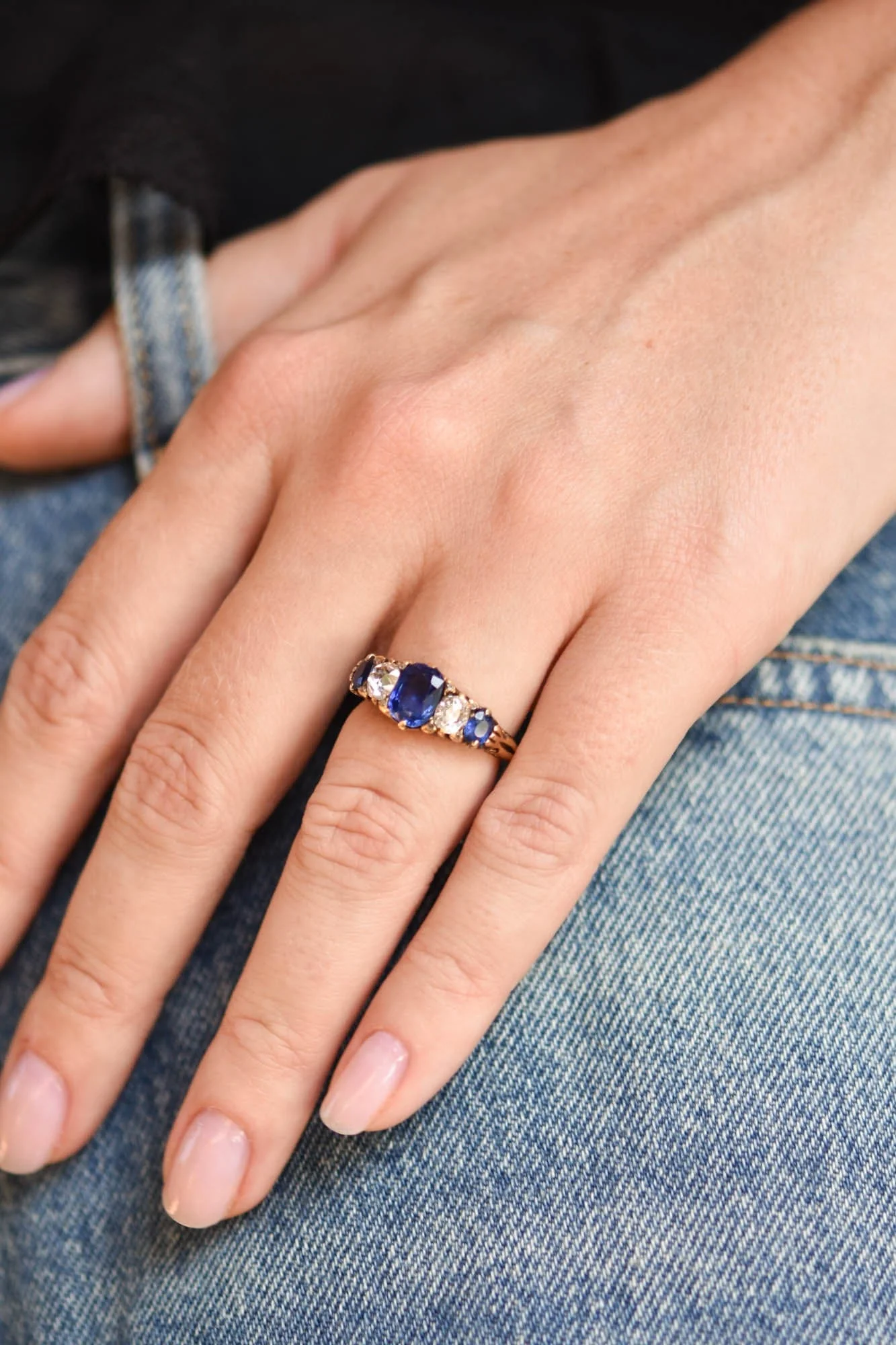 Victorian Sapphire & Old Mine Diamond Five Stone Gold Ring - Image 6