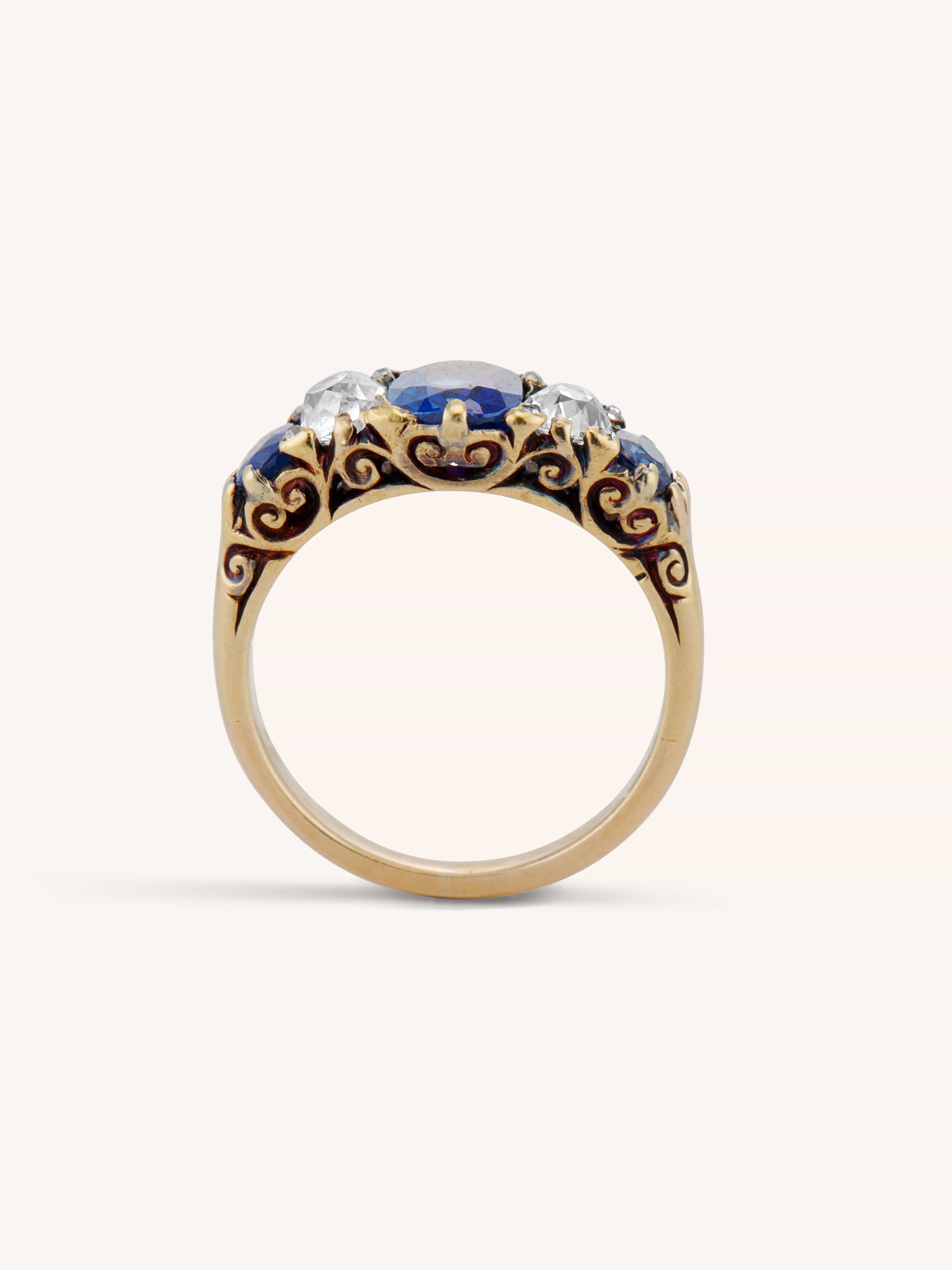 Victorian Sapphire & Old Mine Diamond Five Stone Gold Ring - Image 7