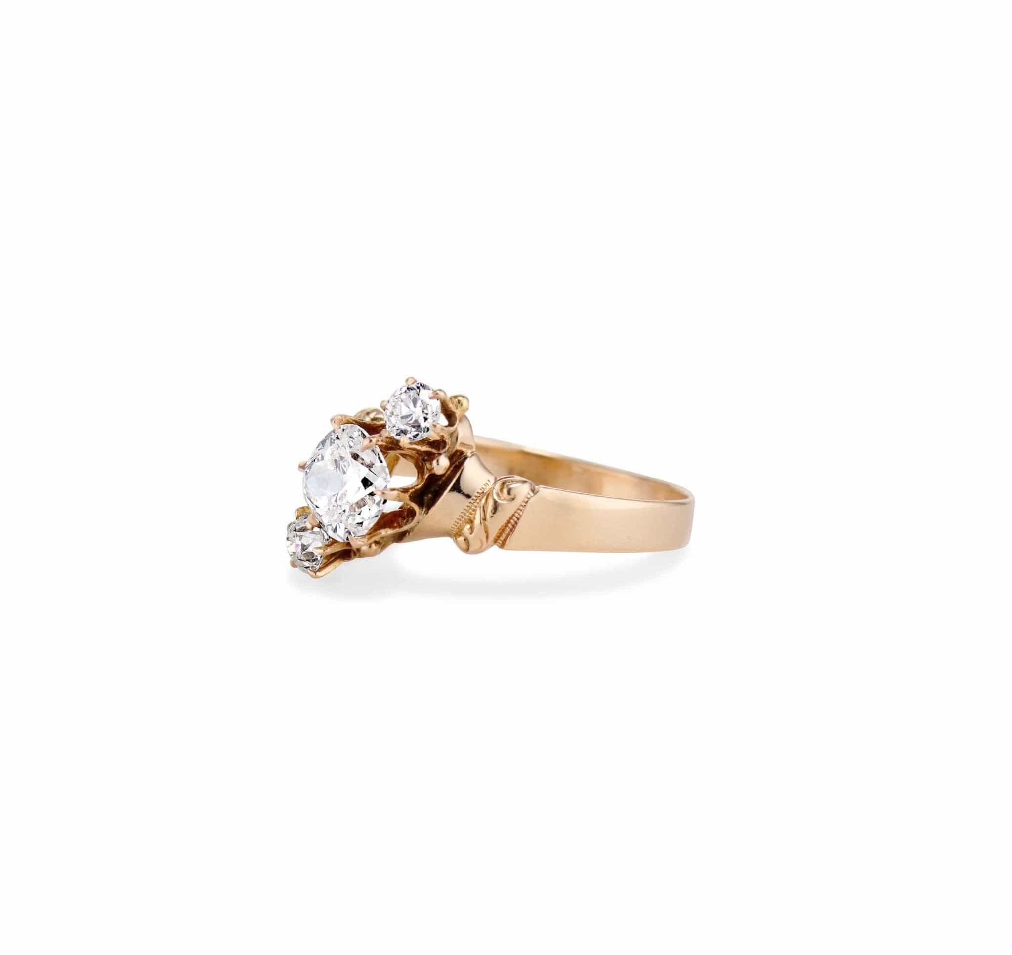 Allsop Bros. Victorian Three-Stone .90 Carat Old Mine Cushion Diamond Ring, America - Image 2