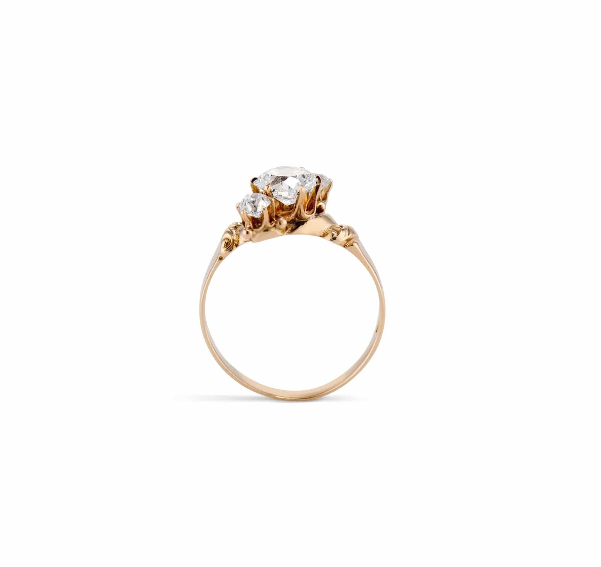 Allsop Bros. Victorian Three-Stone .90 Carat Old Mine Cushion Diamond Ring, America - Image 4