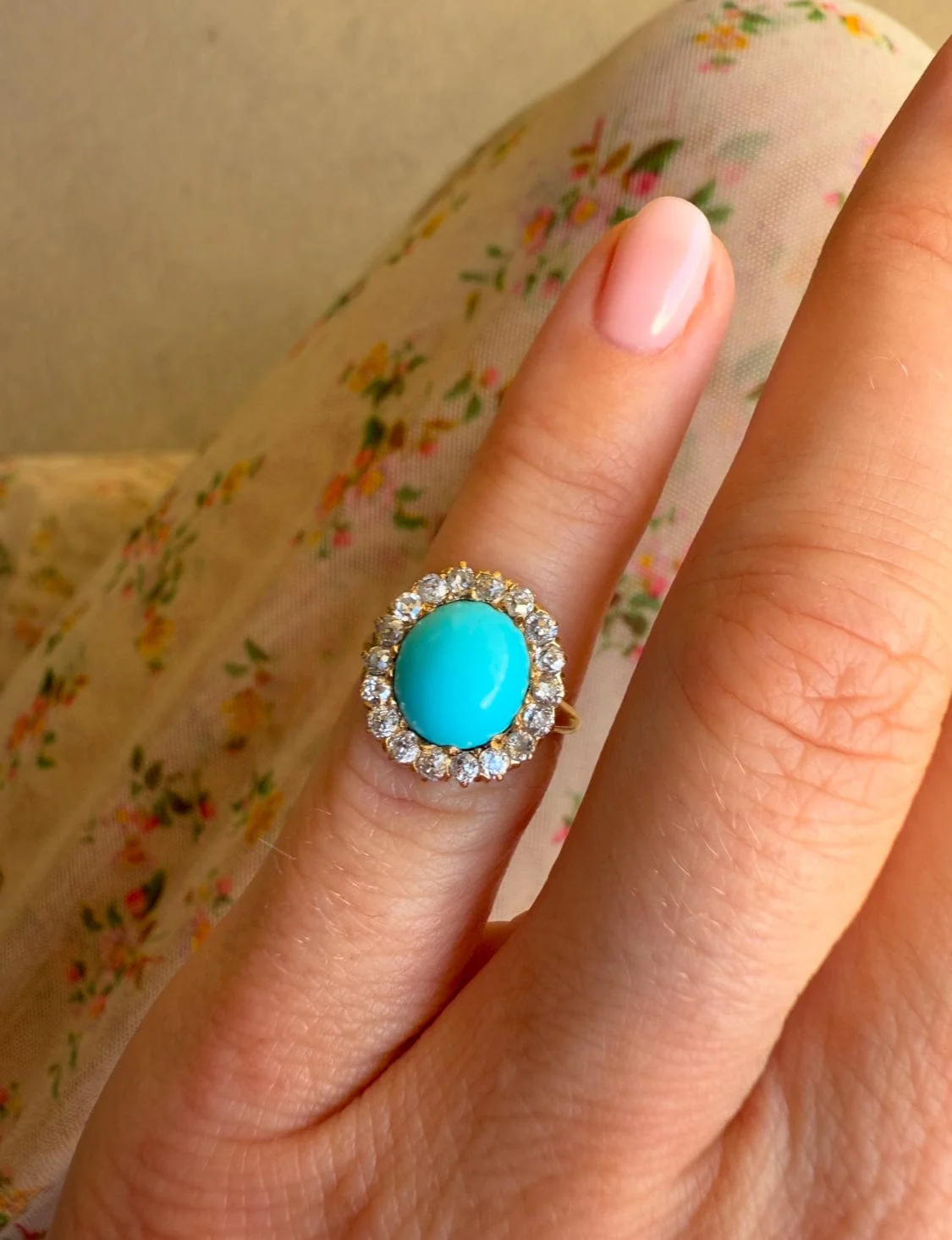 Victorian Turquoise & Diamond Antique Yellow Gold Cluster Ring - Image 2