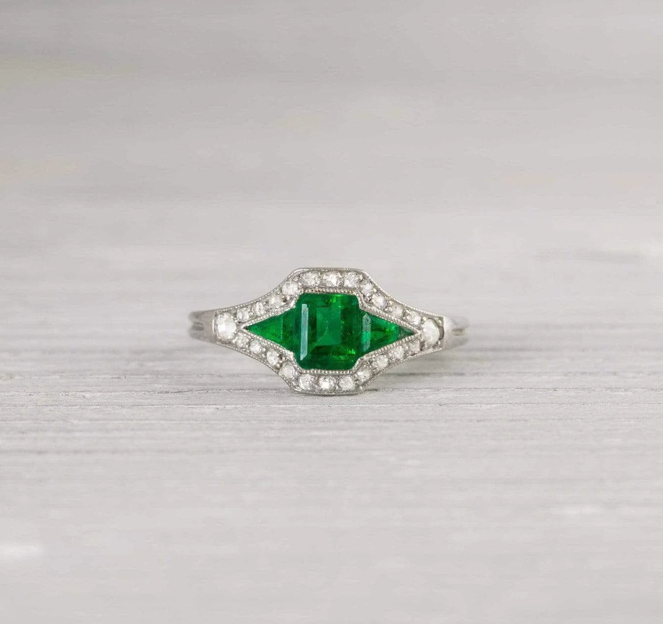 Vintage Diamond and Emerald Engagement Ring - Image 2