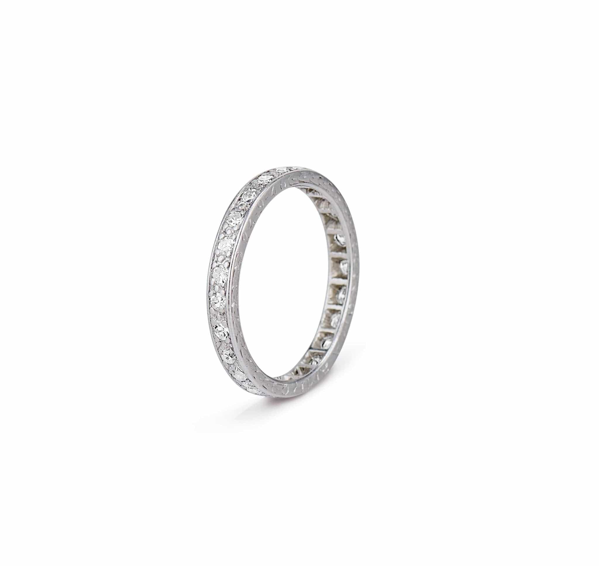 1930s Engraved Wedding Band with .50 Single Cut Diamonds - Image 2