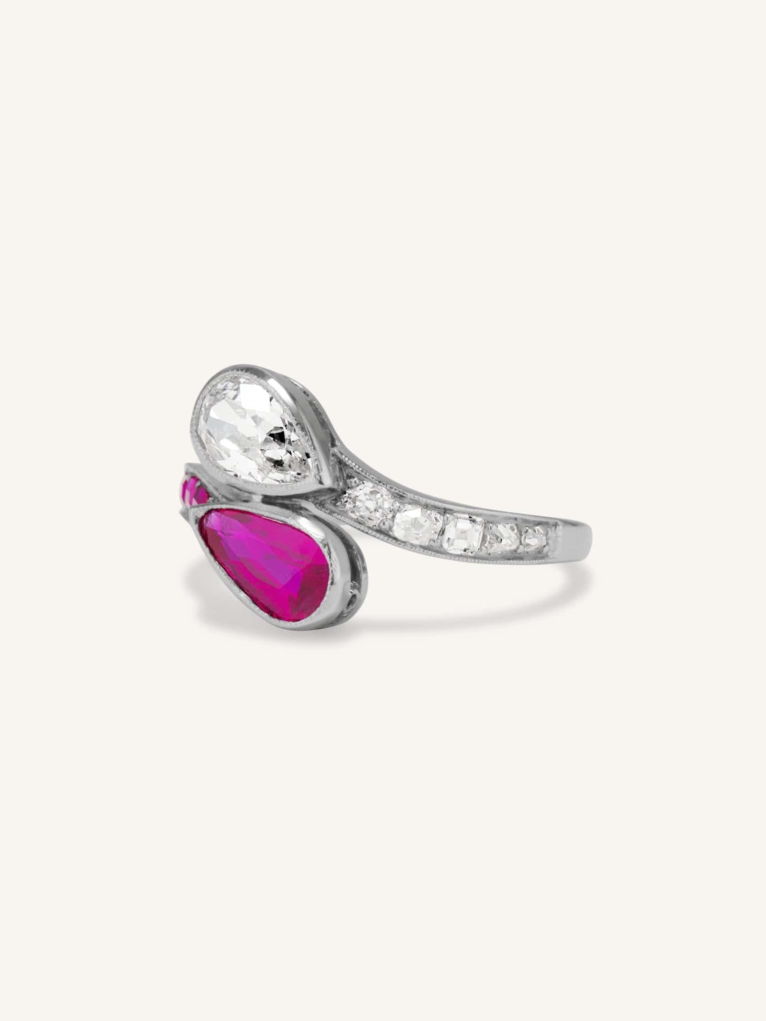 Edwardian Pear Shape Diamond & Ruby Toi et Moi Ring - Image 2
