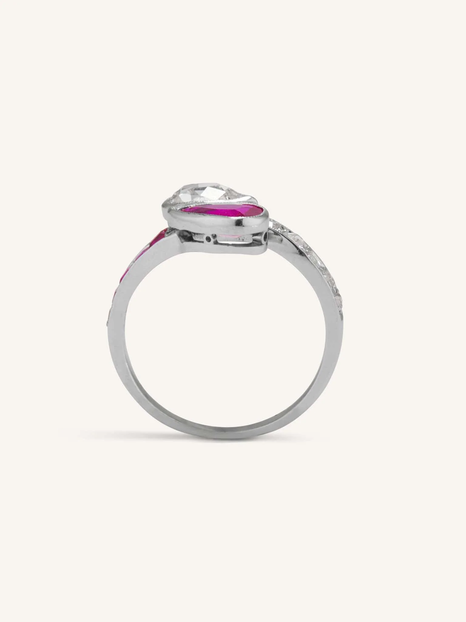 Edwardian Pear Shape Diamond & Ruby Toi et Moi Ring - Image 4