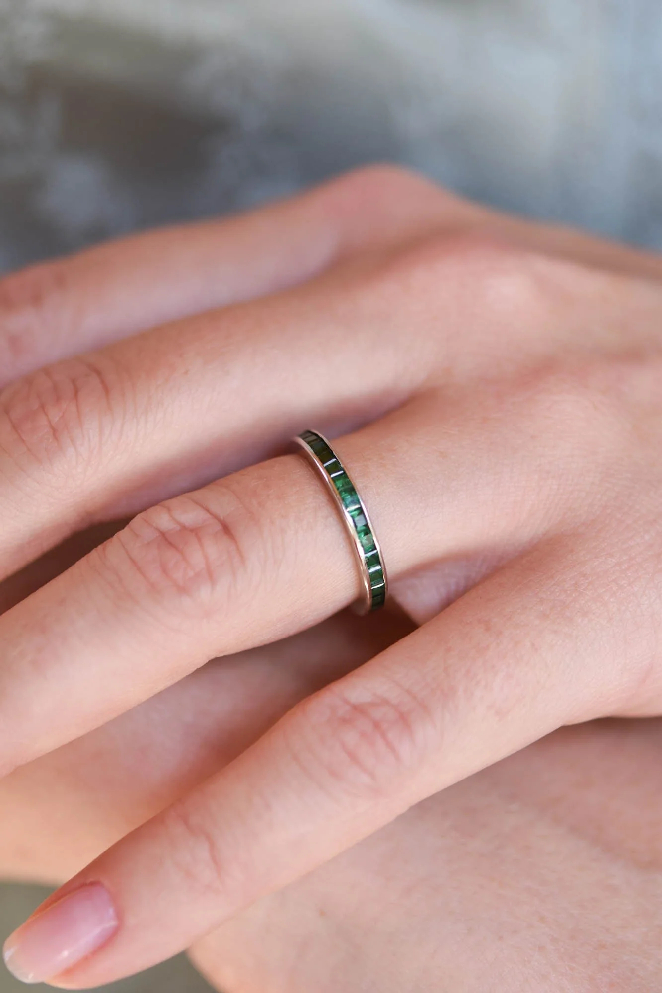 Art Deco Emerald & White Gold Eternity Vintage Wedding Band - Size 6 - Image 2