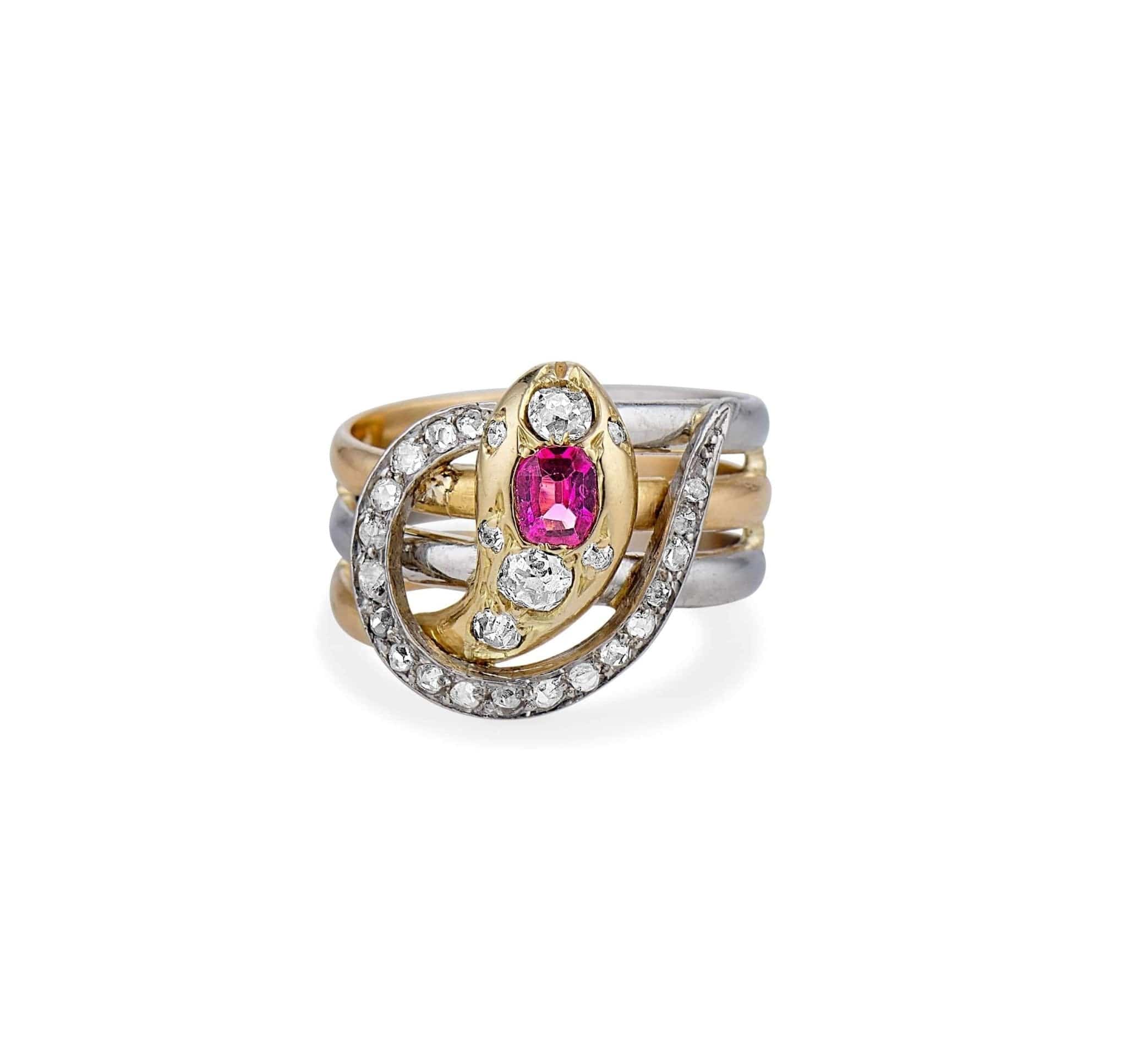 Vintage French Ruby & Diamond Snake Ring - Image 2