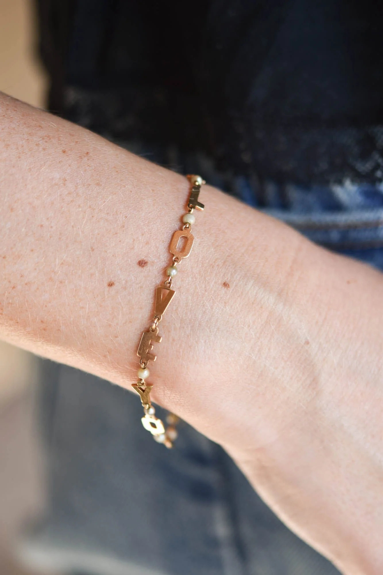 Lucien Piccard “We Love You” in 14K Gold with Seed Pearls Vintage Bracelet - Image 2