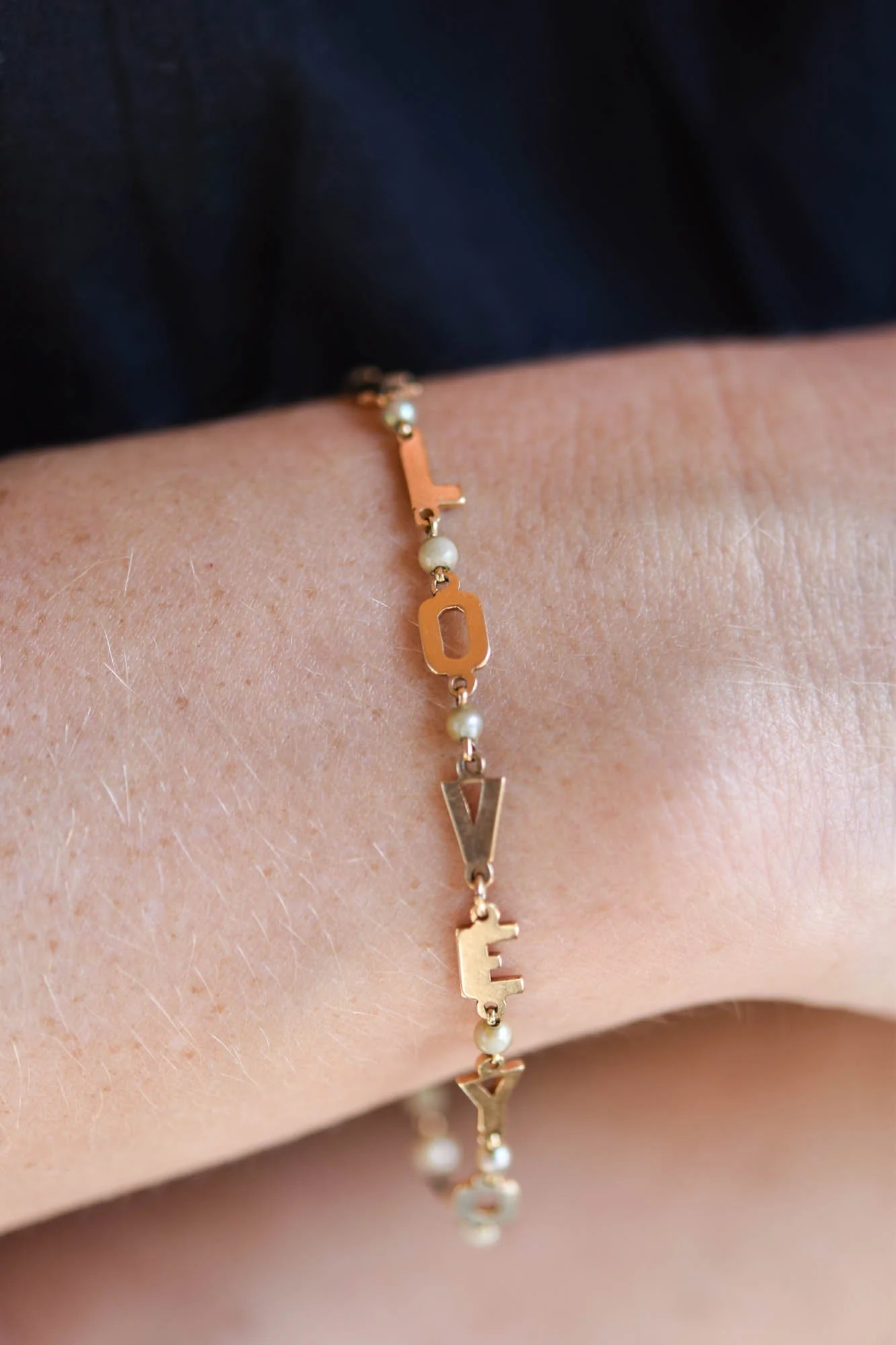 Lucien Piccard “We Love You” in 14K Gold with Seed Pearls Vintage Bracelet - Image 6