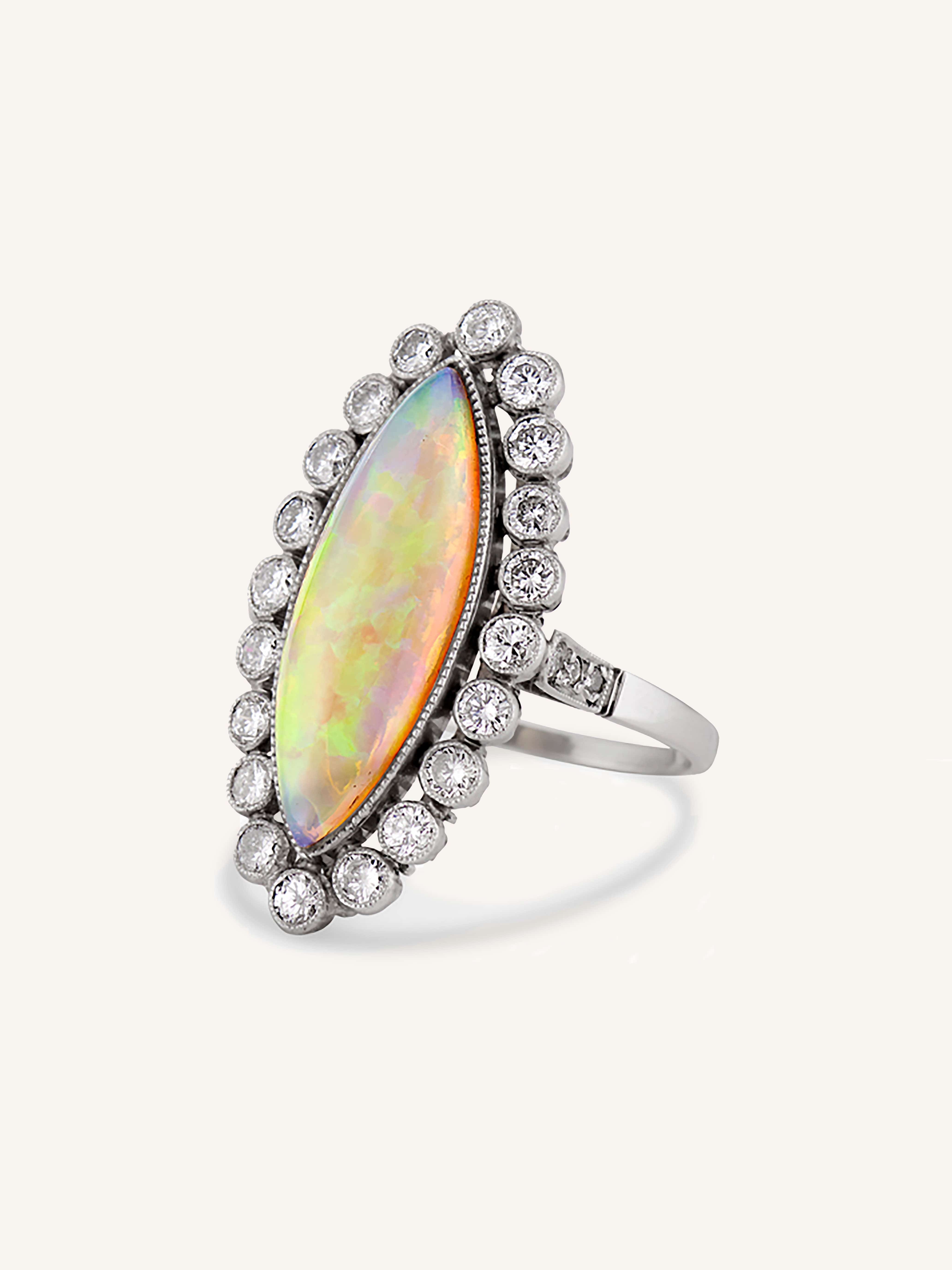 Vintage Mid Century Cabochon Opal & Diamond Cluster Dinner Ring - Image 2