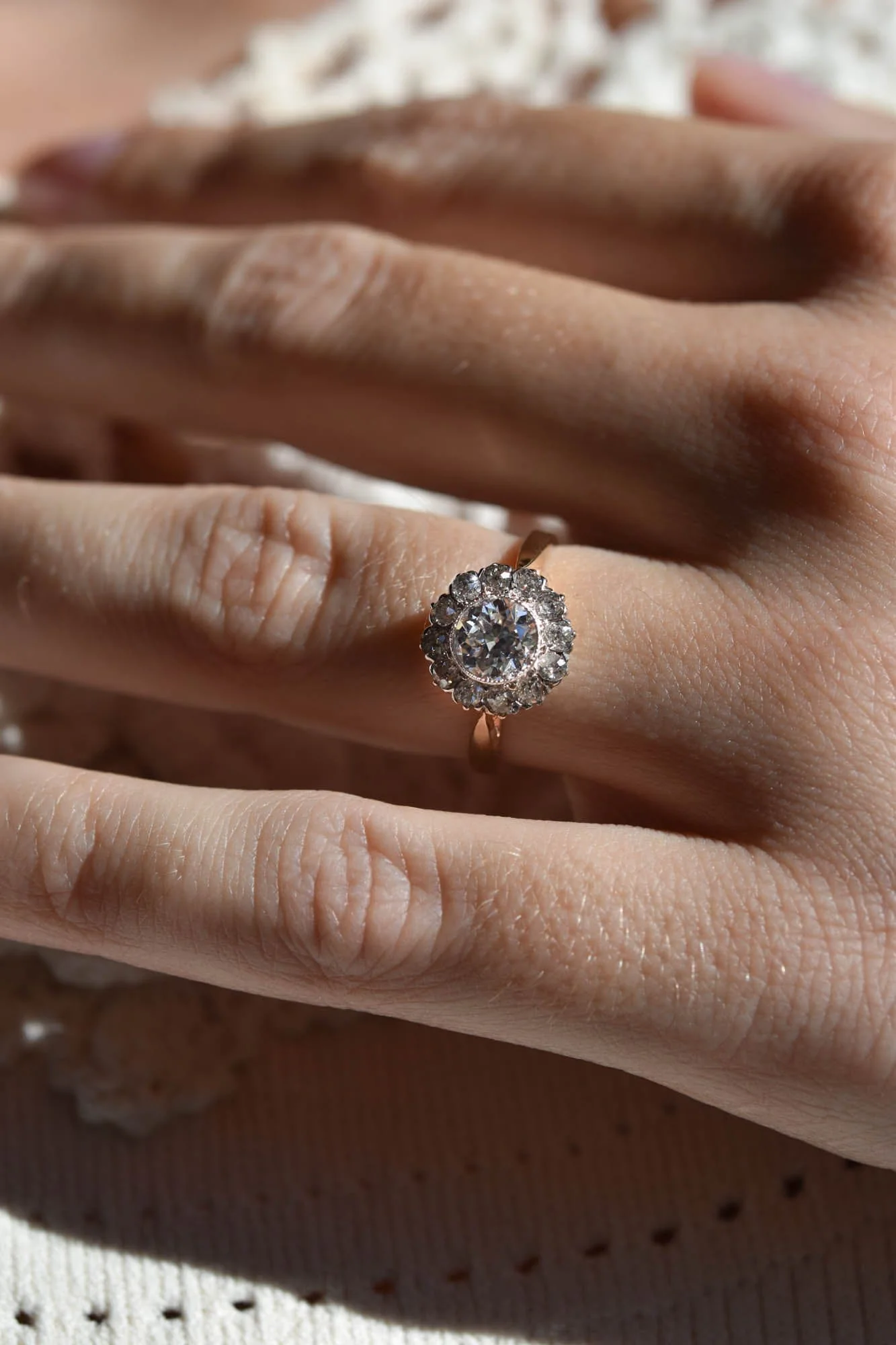 Late Art Deco Transitional Cut Diamond Cluster Engagement Ring - Image 2