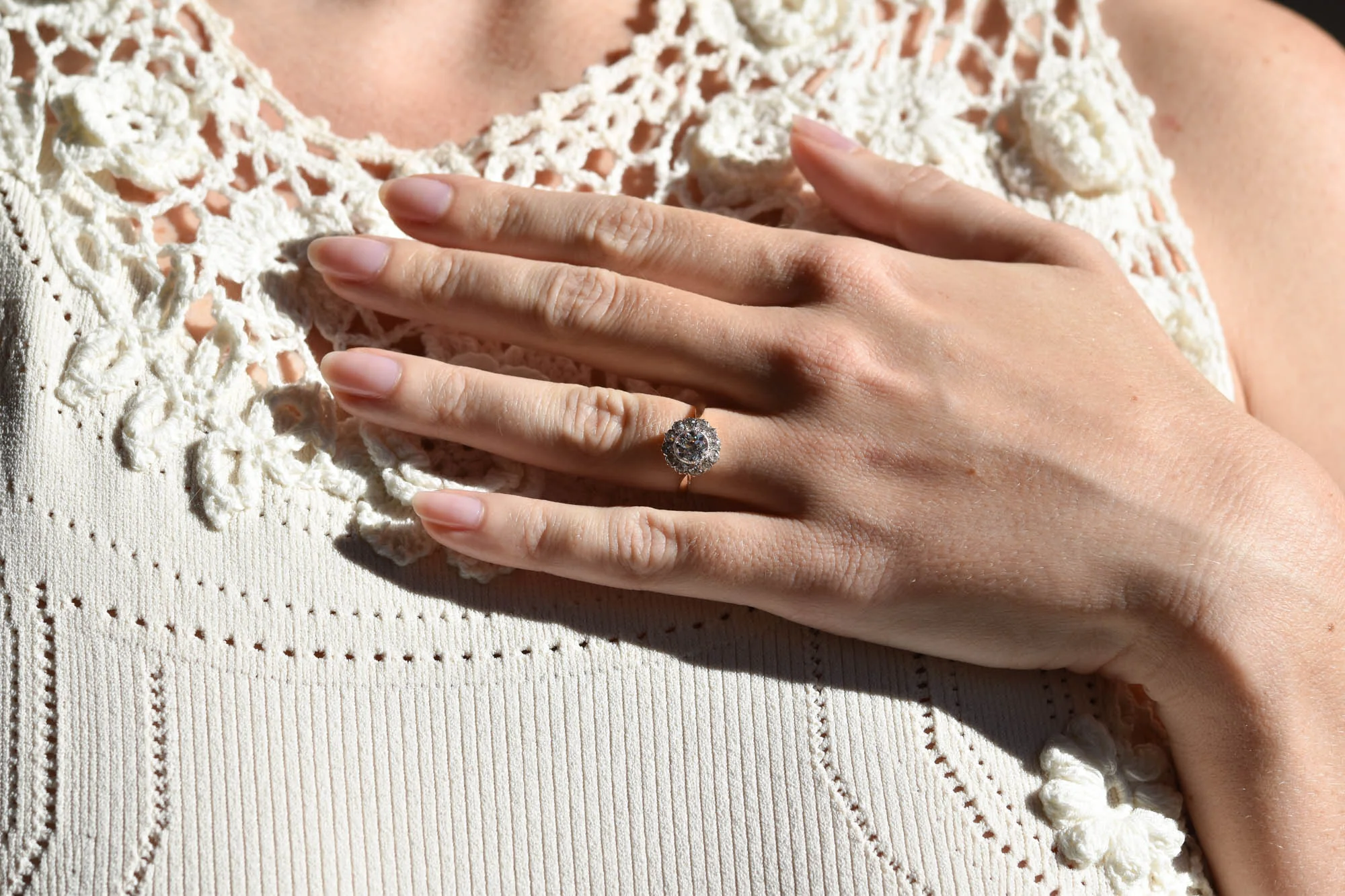 Late Art Deco Transitional Cut Diamond Cluster Engagement Ring - Image 3